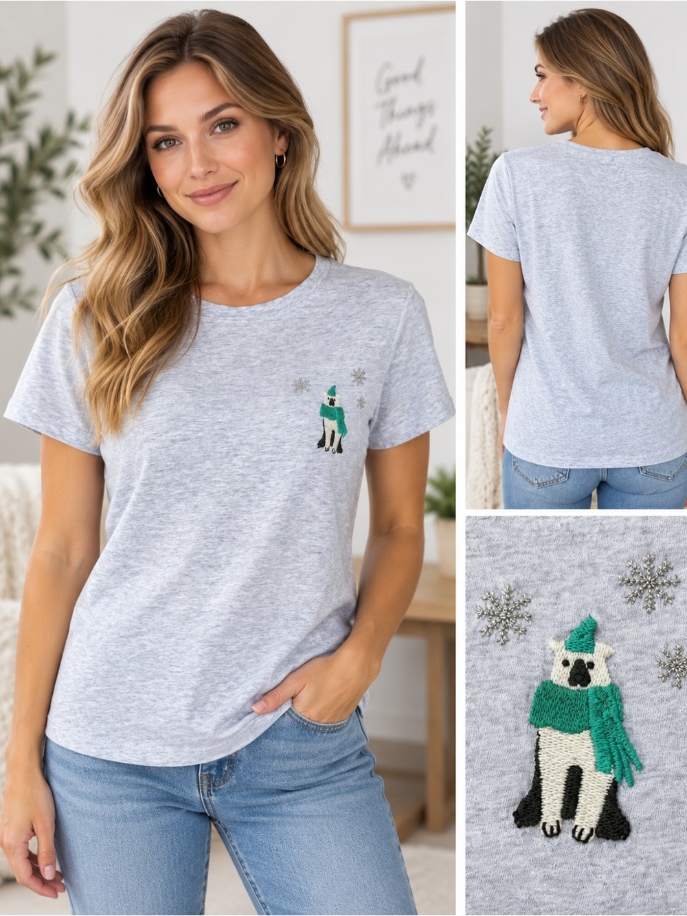 LOFT Heather Gray Embroidered Polar Bear Snowflake Tee Size M